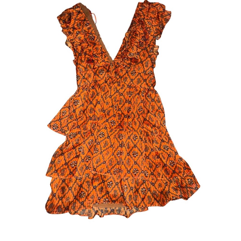 Orange Geo Medallion Print Dress With Ruffle Details By Socialite